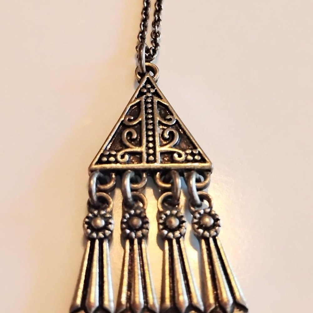 🩶70s Vintage Peasant Grunge Triangle Dangle Boho Fringe Statement Necklace